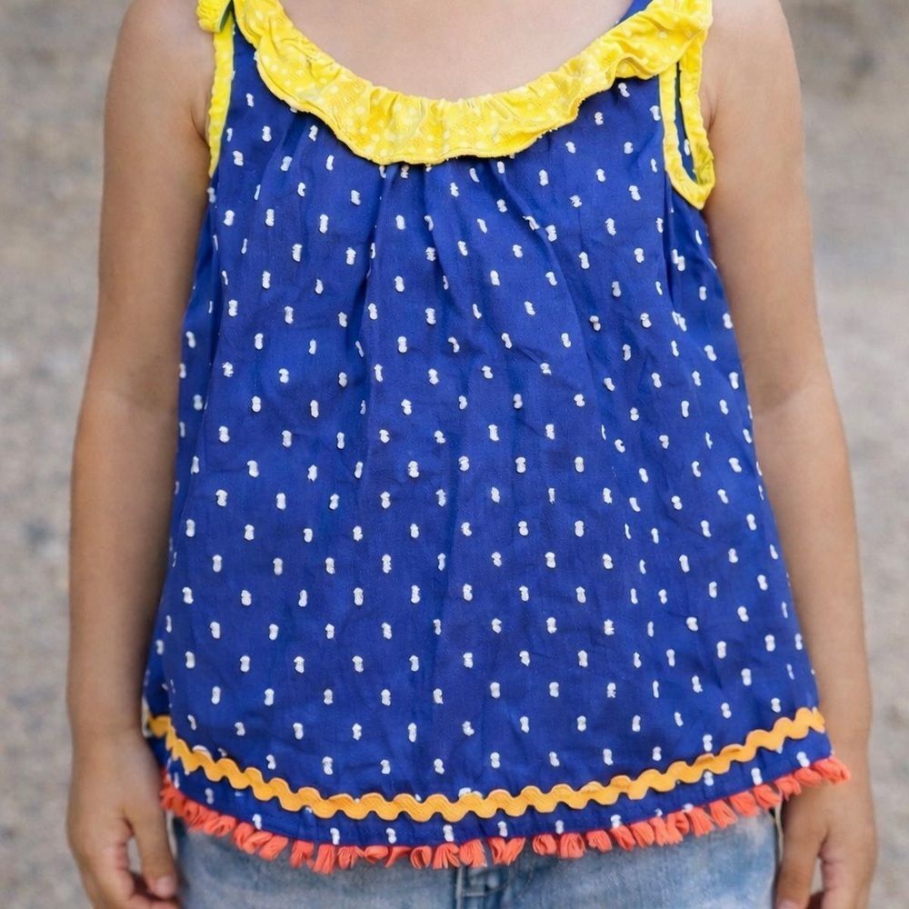 Matilda Jane Girls Size 4 Blue Swiss Dot Tank Top Ruffle Tassel Ric Rac